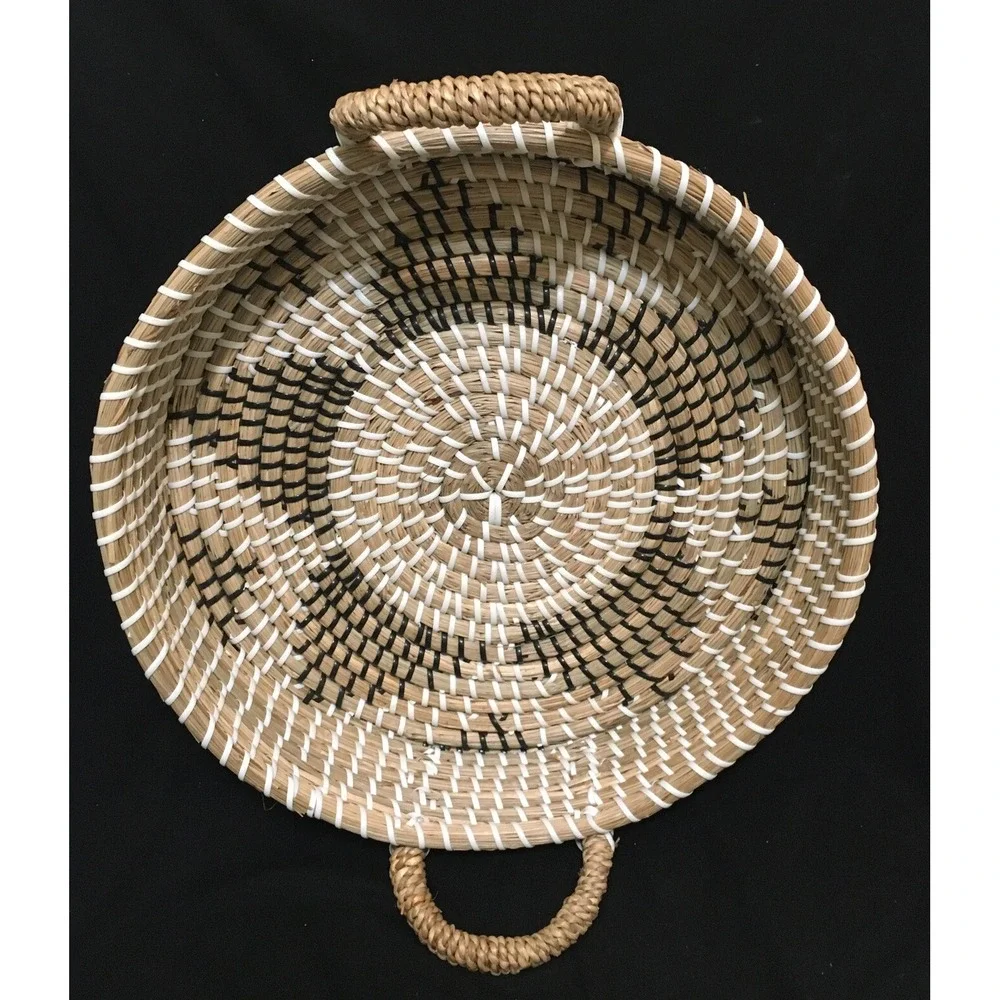 Round Sweet grass Serving Tray, Hand Woven Star Design Tan‎ Black White 14